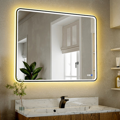 Lumina 40" W x 32" H LED Lighted Bathroom Mirror,High Illuminate, Inner & Outer Lighting,Anti-Fog, Dimmable,Black Frame with Rounded Corners
