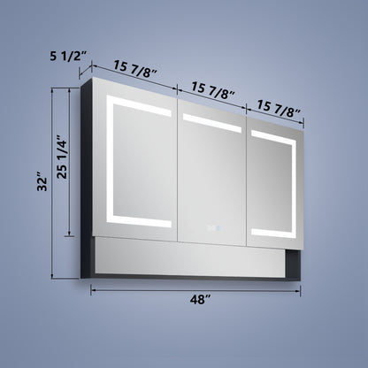 Ample 48" W x 32" H LED Lighted Mirror Black Medicine Cabinet with Shelves for Bathroom Recessed or Surface Mount