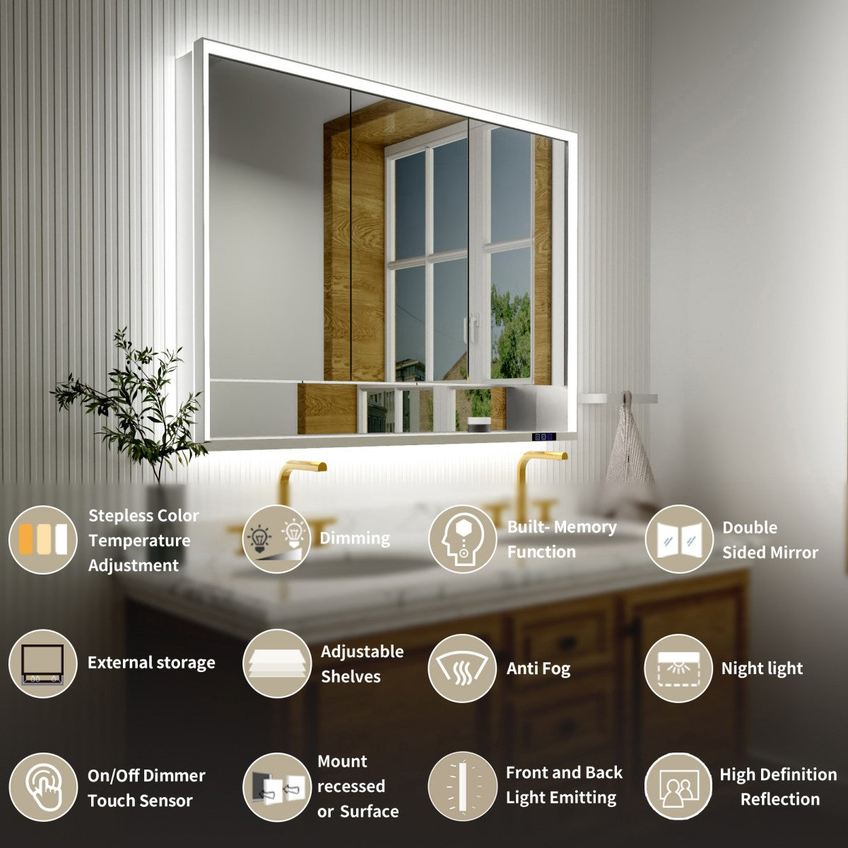 Ample 48" W x 36" H LED Lighted Chrome Medicine Cabinet with Mirror and Shelves for Bathroom Recessed or Surface Mount