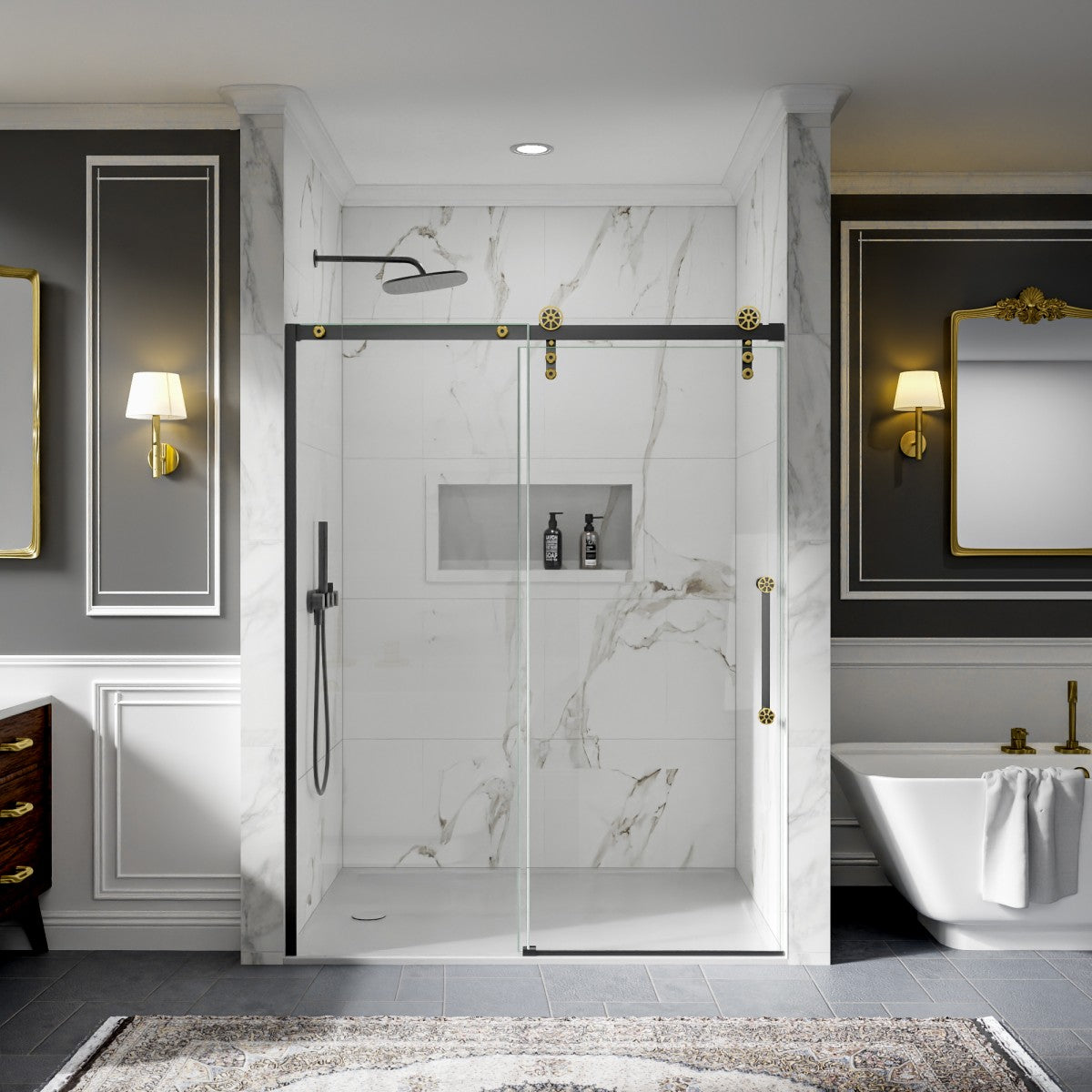 56-60" x 76" Frameless Sliding Shower door,Black Gold,Easy clean,Fixed Glass Left|ExBrite Elysian-F Series