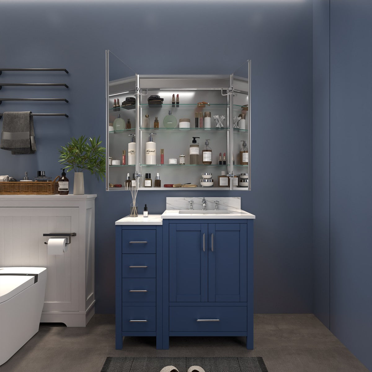 Boost-M2 30" W x 36" H Bathroom Light Medicine Cabinets Recessed or Surface Defogger, Dimmer, Outlets & USB