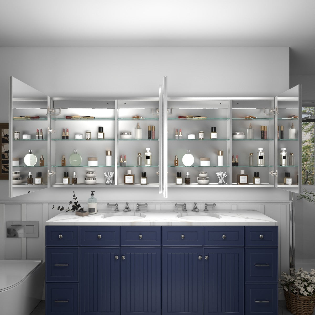 Rim 80" W x 32" H LED Light Medicine Cabinet Mirror Recessed or Surface with Mirrors