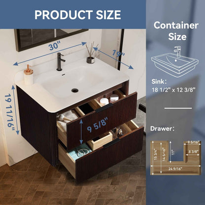 30 inch Floating Bathroom Vanity with Sink, Pre-Assembled, Wall Mounted Plywood Bathroom Storage Cabinet with Safety Rounded,Large Soft-Close Fluted Drawers & Metal Handles