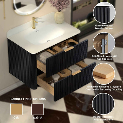 30 inch Floating Bathroom Vanity with Sink, Pre-Assembled, Wall Mounted Plywood Bathroom Storage Cabinet with Safety Rounded,Large Soft-Close Fluted Drawers & Metal Handles