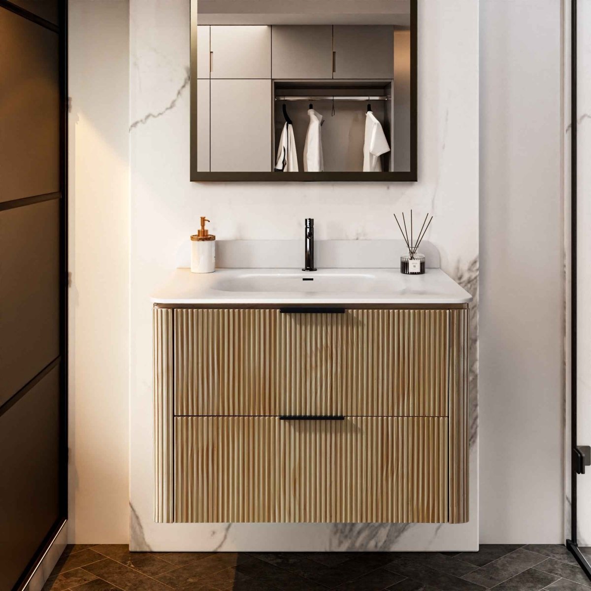 30 inch Floating Bathroom Vanity with Sink, Pre-Assembled, Wall Mounted Plywood Bathroom Storage Cabinet with Safety Rounded,Large Soft-Close Fluted Drawers & Metal Handles