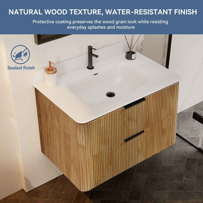 30 inch Floating Bathroom Vanity with Sink, Pre-Assembled, Wall Mounted Plywood Bathroom Storage Cabinet with Safety Rounded,Large Soft-Close Fluted Drawers & Metal Handles