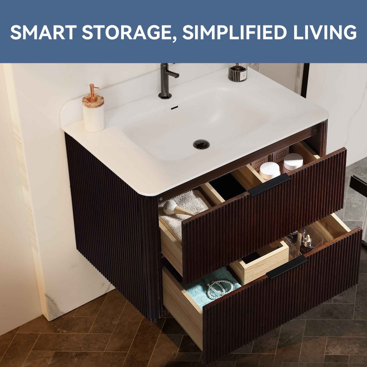 30 inch Floating Bathroom Vanity with Sink, Pre-Assembled, Wall Mounted Plywood Bathroom Storage Cabinet with Safety Rounded,Large Soft-Close Fluted Drawers & Metal Handles
