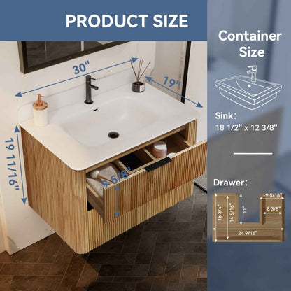 30 inch Floating Bathroom Vanity with Sink, Pre-Assembled, Wall Mounted Plywood Bathroom Storage Cabinet with Safety Rounded,Large Soft-Close Fluted Drawers & Metal Handles
