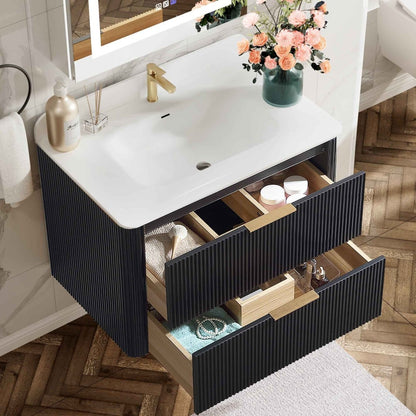 30 inch Floating Bathroom Vanity with Sink, Pre-Assembled, Wall Mounted Plywood Bathroom Storage Cabinet with Safety Rounded,Large Soft-Close Fluted Drawers & Metal Handles