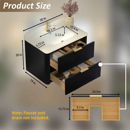 30 inch Floating Bathroom Vanity with Sink, Pre-Assembled, Wall Mounted Plywood Bathroom Storage Cabinet with Safety Rounded,Large Soft-Close Fluted Drawers & Metal Handles