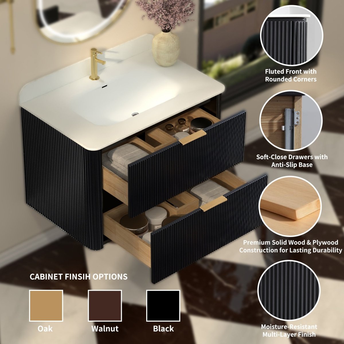 30 inch Floating Bathroom Vanity with Sink, Pre-Assembled, Wall Mounted Plywood Bathroom Storage Cabinet with Safety Rounded,Large Soft-Close Fluted Drawers & Metal Handles