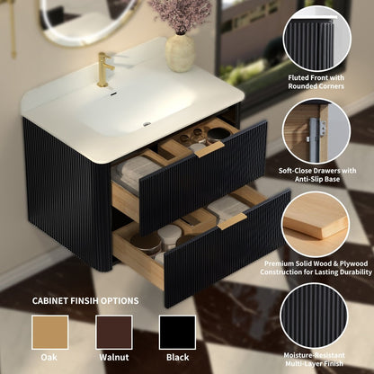 30 inch Floating Bathroom Vanity with Sink, Pre-Assembled, Wall Mounted Plywood Bathroom Storage Cabinet with Safety Rounded,Large Soft-Close Fluted Drawers & Metal Handles
