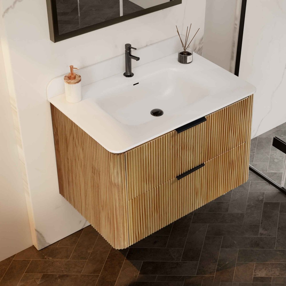 30 inch Floating Bathroom Vanity with Sink, Pre-Assembled, Wall Mounted Plywood Bathroom Storage Cabinet with Safety Rounded,Large Soft-Close Fluted Drawers & Metal Handles