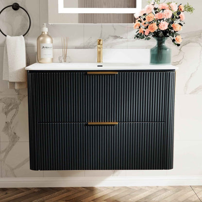 30 inch Floating Bathroom Vanity with Sink, Pre-Assembled, Wall Mounted Plywood Bathroom Storage Cabinet with Safety Rounded,Large Soft-Close Fluted Drawers & Metal Handles
