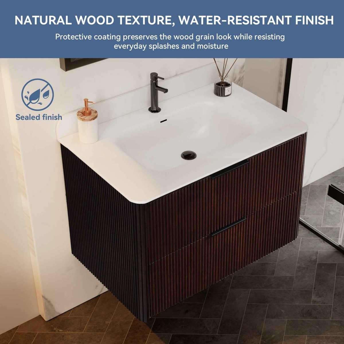 30 inch Floating Bathroom Vanity with Sink, Pre-Assembled, Wall Mounted Plywood Bathroom Storage Cabinet with Safety Rounded,Large Soft-Close Fluted Drawers & Metal Handles