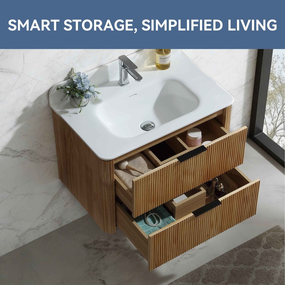 30 inch Floating Bathroom Vanity with Sink, Pre-Assembled, Wall Mounted Plywood Bathroom Storage Cabinet with Safety Rounded,Large Soft-Close Fluted Drawers & Metal Handles