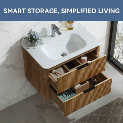 30 inch Floating Bathroom Vanity with Sink, Pre-Assembled, Wall Mounted Plywood Bathroom Storage Cabinet with Safety Rounded,Large Soft-Close Fluted Drawers & Metal Handles