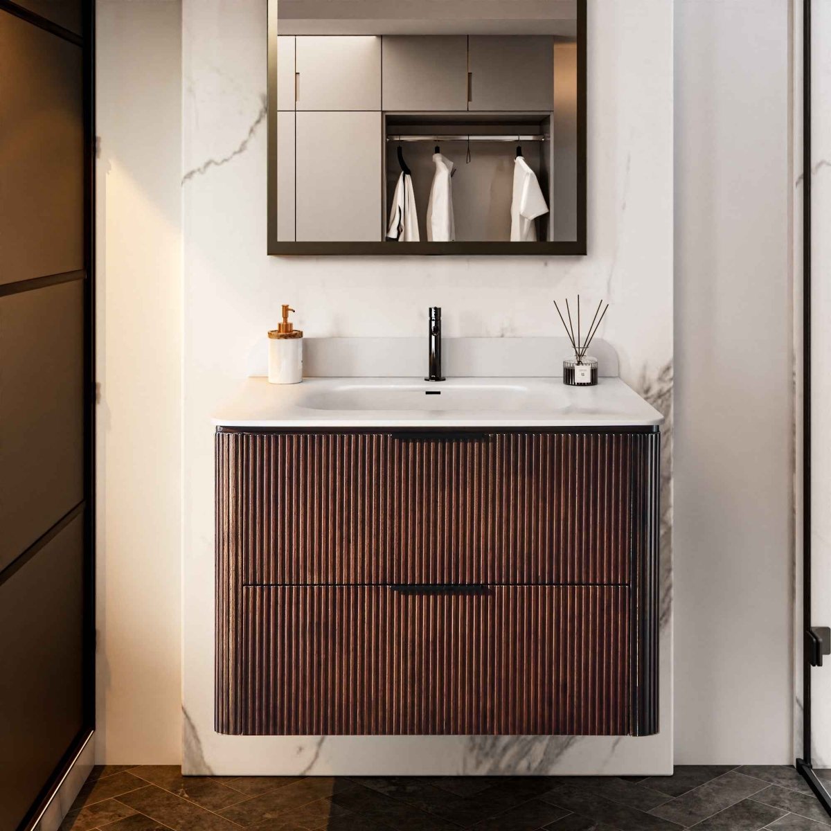 30 inch Floating Bathroom Vanity with Sink, Pre-Assembled, Wall Mounted Plywood Bathroom Storage Cabinet with Safety Rounded,Large Soft-Close Fluted Drawers & Metal Handles