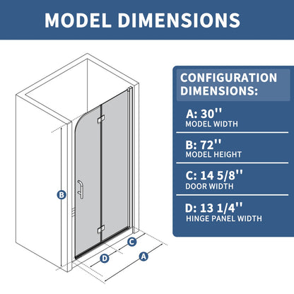 Adapt-E 30in.W x 72 in.H Bifold Frameless Folding Glass Shower Doors,Chrome Finish,Pivot Swing Shower Doors,1/4 in.Fold Clear Glass