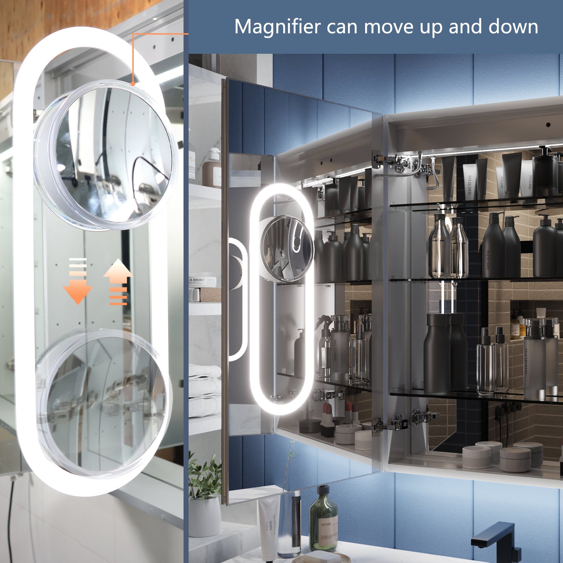 LED lighted bathroom mirror cabinet with magnifiers, featuring front and back lighting, adjustable shelves, and built-in outlets for high-power devices.