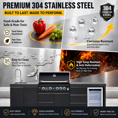 Outdoor Kitchen Island 102.4 Inch 4 Burner Propane Gas BBQ Grill 59500 BTU 304 Stainless Steel Black Color With CSA, ETL Certification + Sink + Refrigerator