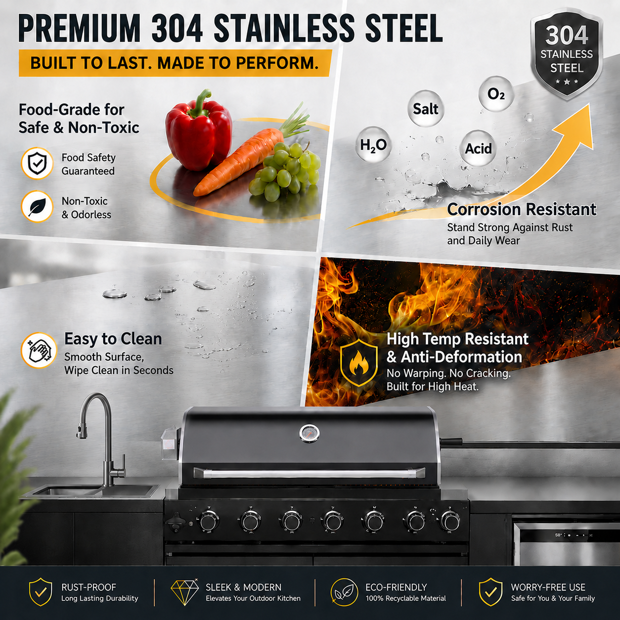 Outdoor Kitchen Island 82.5 Inch 6 Burner Propane Gas BBQ Grill 83500 BTU 304 Stainless Steel Black Color With CSA, ETL Certification + Sink + Refrigerator