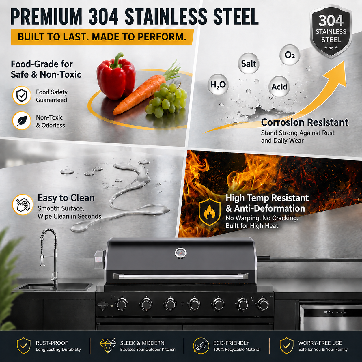 Outdoor Kitchen Island 114 Inch 6 Burner Propane Gas BBQ Grill 83500 BTU 304 Stainless Steel Black Color With CSA, ETL Certification + Sink + Refrigerator