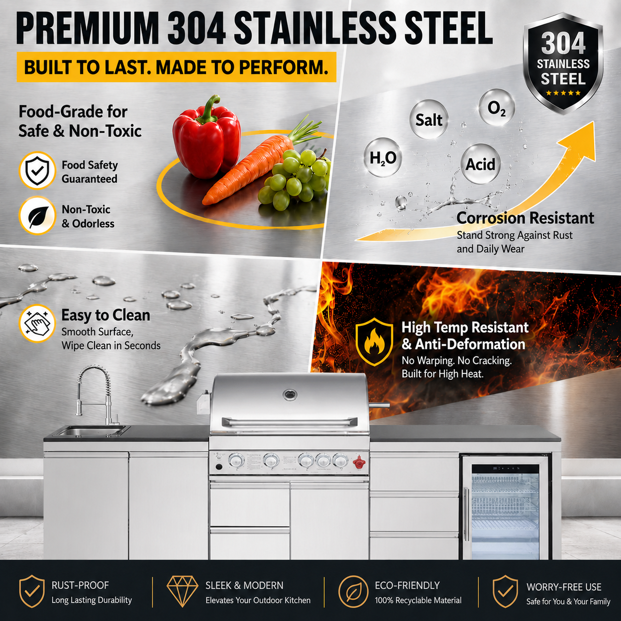 Outdoor Kitchen Island 102.4 Inch 4 Burner Propane Gas BBQ Grill 59500 BTU 304 Stainless Steel Silver Color With CSA, ETL Certification + Sink + Refrigerator