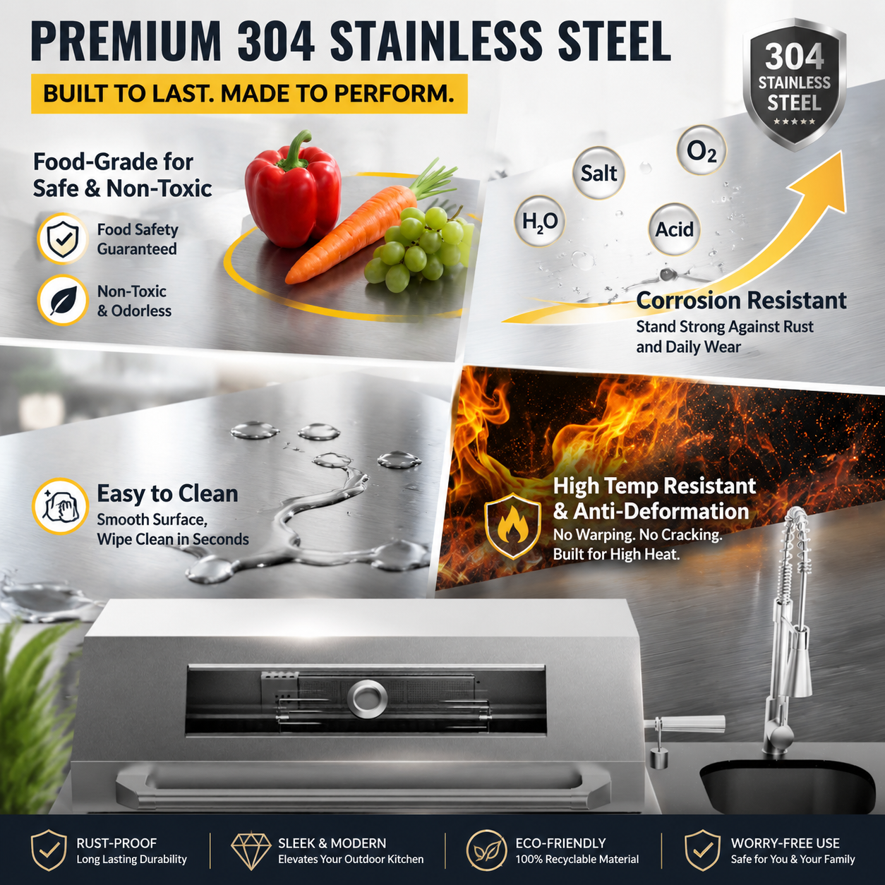 46-Inch 4-Burner 72000 BTU Deluxe Stainless Steel Gas Outdoor Kitchen Bar Barbecue Island Grill + Wine Cooler Compact Refrigerator + Rotisserie kit + Granite Countertops + Stainless steel Sink-85