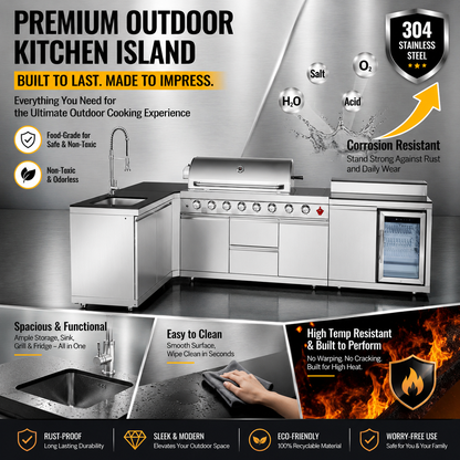Outdoor Kitchen Island 95.8 Inch 6+1 Burner Propane Gas BBQ Grill 95500 BTU 304 Stainless Steel Silver Color With CSA, ETL Certification + Sink + Refrigerator + Bar Table