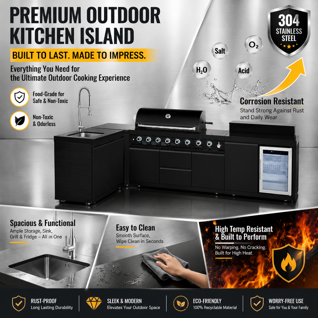 Outdoor Kitchen Island 95.8 Inch 6+1 Burner Propane Gas BBQ Grill 95500 BTU 304 Stainless Steel Black Color With CSA, ETL Certification + Sink + Refrigerator + Bar Table