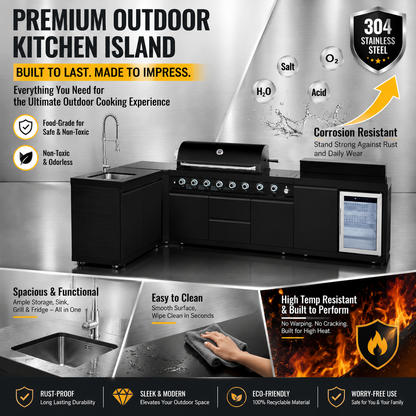 Outdoor Kitchen Island 95.8 Inch 6+1 Burner Propane Gas BBQ Grill 95500 BTU 304 Stainless Steel Black Color With CSA, ETL Certification + Sink + Refrigerator + Bar Table