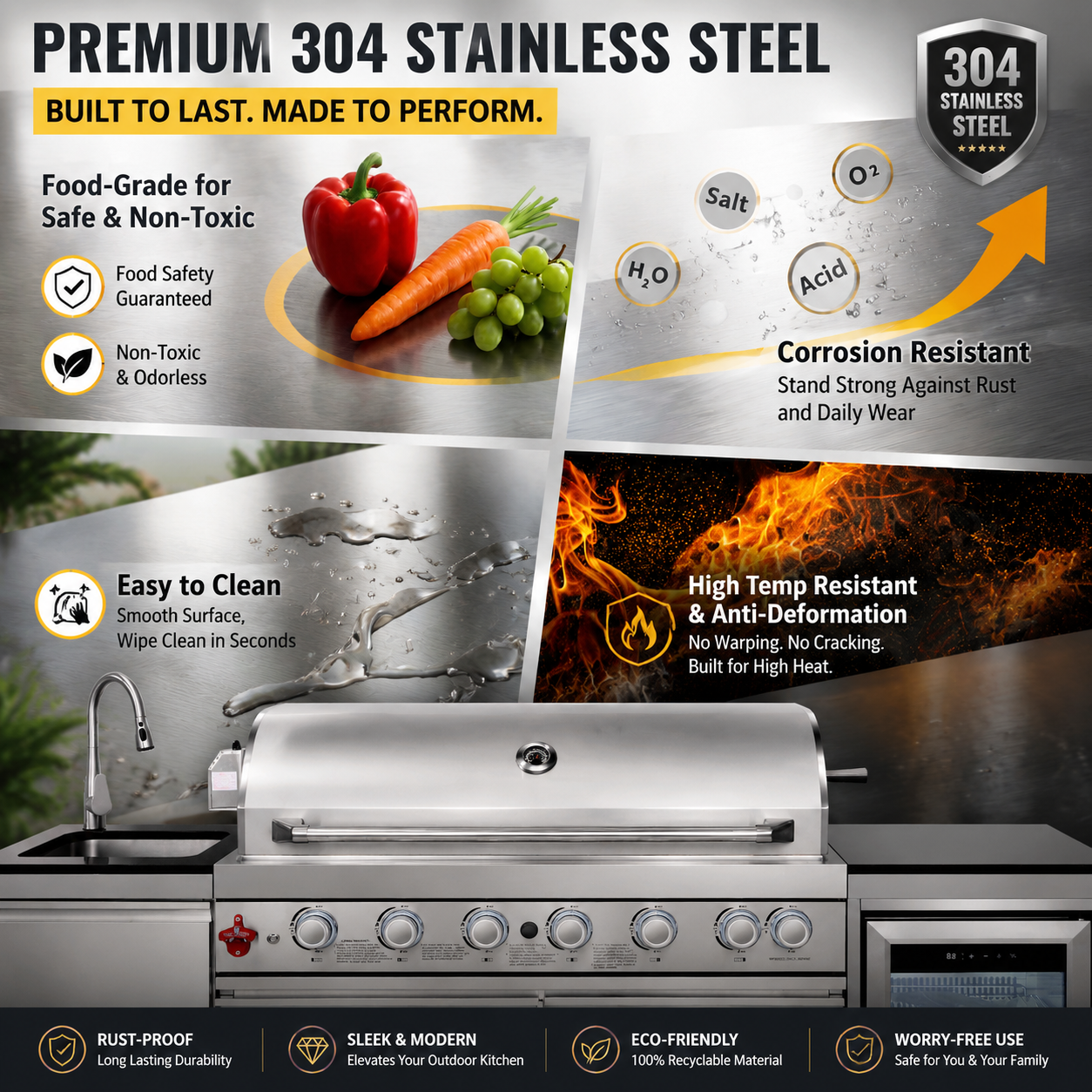 Outdoor Kitchen Island 82.5 Inch 6 Burner Propane Gas BBQ Grill 83500 BTU 304 Stainless Steel Silver Color With CSA, ETL Certification + Sink + Refrigerator