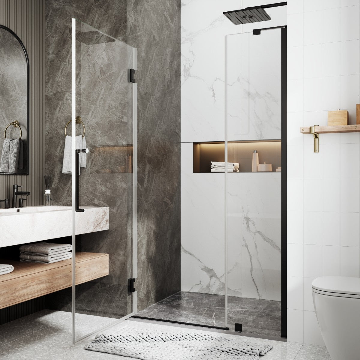 41-42" x 74" Pivot Frameless Shower Door,Matte Black,Easy clean|ExBrite Valor Series