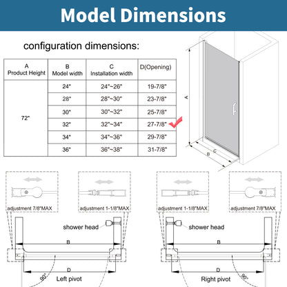 Classy 32-34" W x 72" H Pivot Shower Door Semi-Frameless Hinged in Chrome Install Glass Shower Door