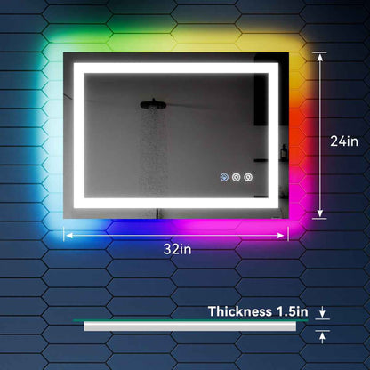 32"x 24" RGB Smart LED Bathroom Mirror–Color Changing Backlit Mirror with Anti-Fog & Dimmable Touch Control|Exbrite DYLUX