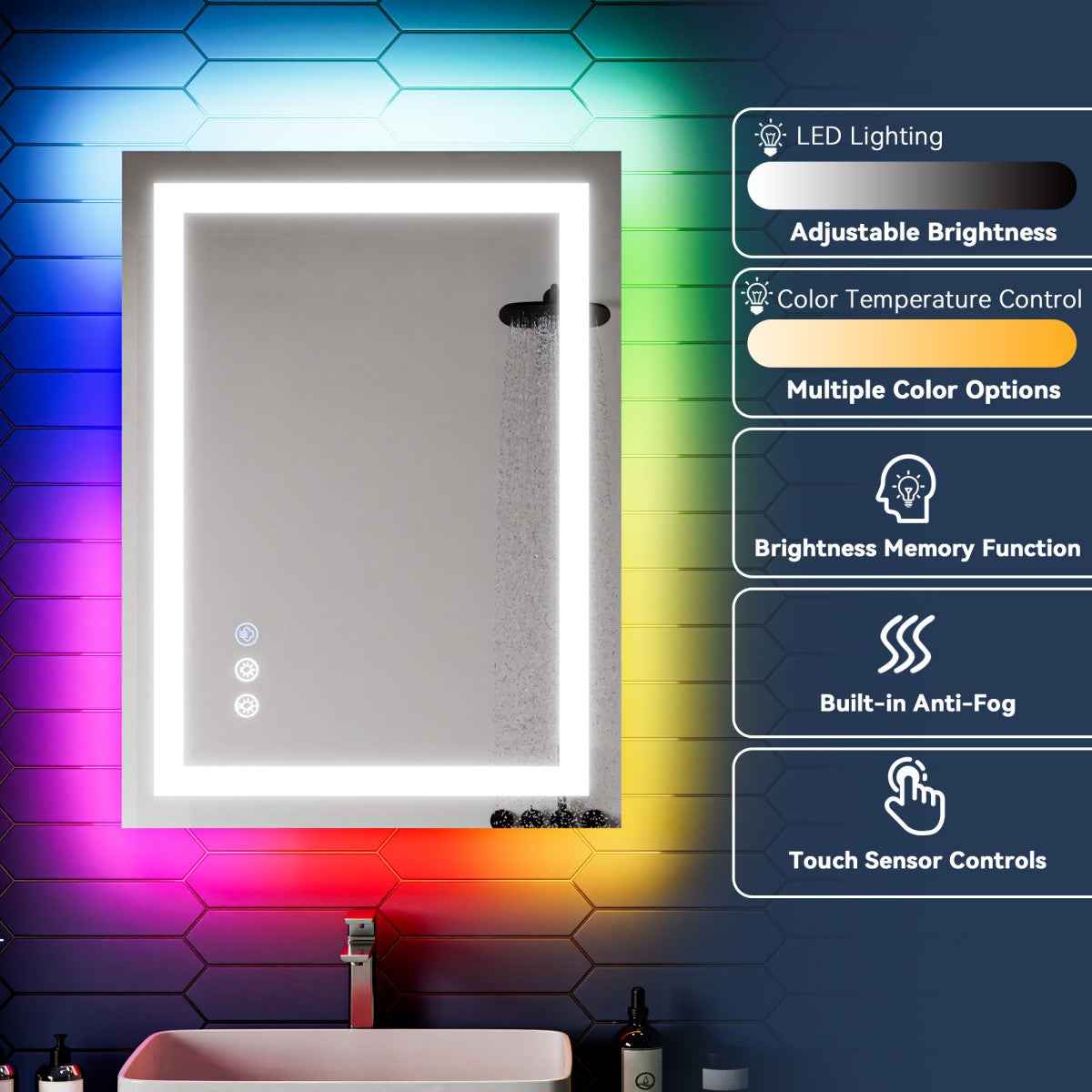 32"x 24" RGB Smart LED Bathroom Mirror–Color Changing Backlit Mirror with Anti-Fog & Dimmable Touch Control|Exbrite DYLUX