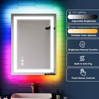 32"x 24" RGB Smart LED Bathroom Mirror–Color Changing Backlit Mirror with Anti-Fog & Dimmable Touch Control|Exbrite DYLUX