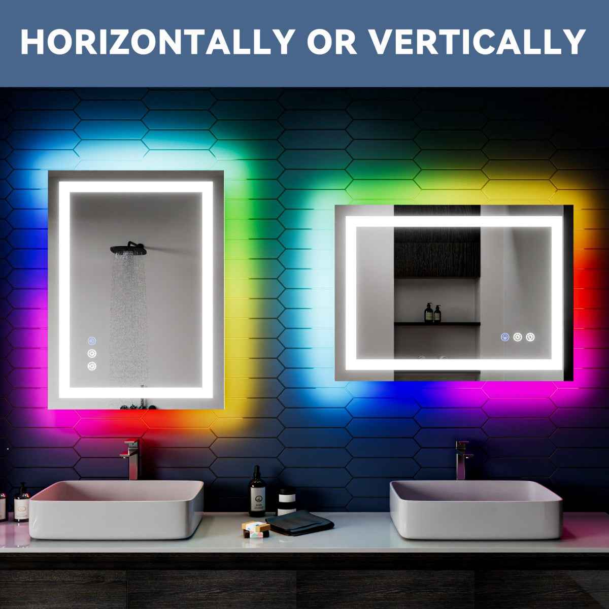 32"x 24" RGB Smart LED Bathroom Mirror–Color Changing Backlit Mirror with Anti-Fog & Dimmable Touch Control|Exbrite DYLUX