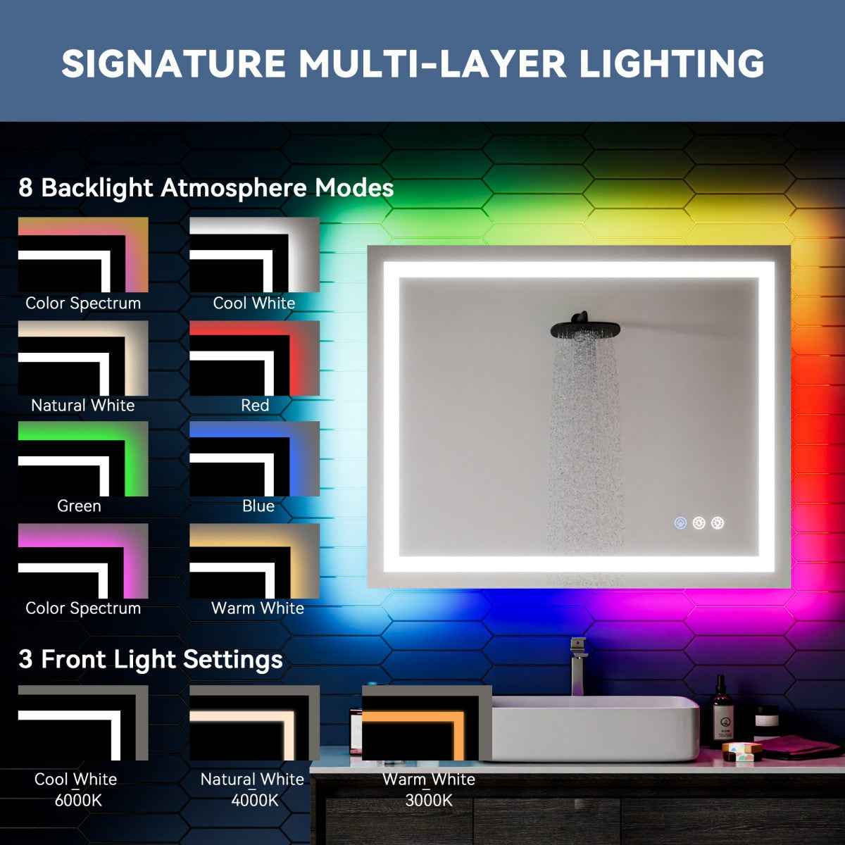 32"x 40" RGB Smart LED Bathroom Mirror–Color Changing Backlit Mirror with Anti-Fog & Dimmable Touch Control|Exbrite DYLUX