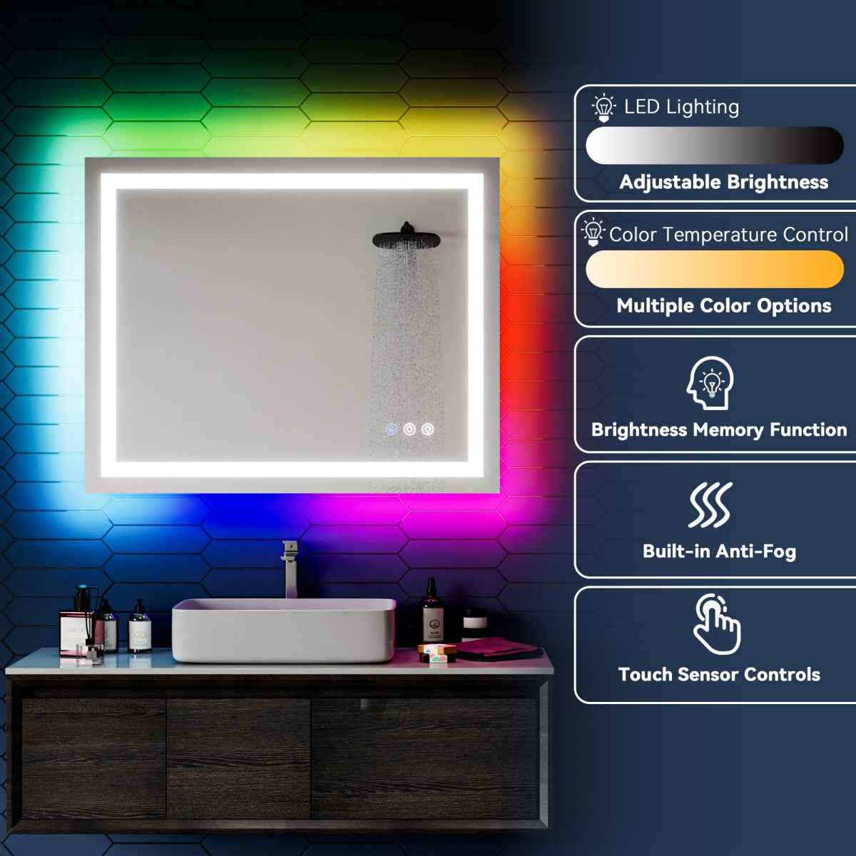 32"x 40" RGB Smart LED Bathroom Mirror–Color Changing Backlit Mirror with Anti-Fog & Dimmable Touch Control|Exbrite DYLUX