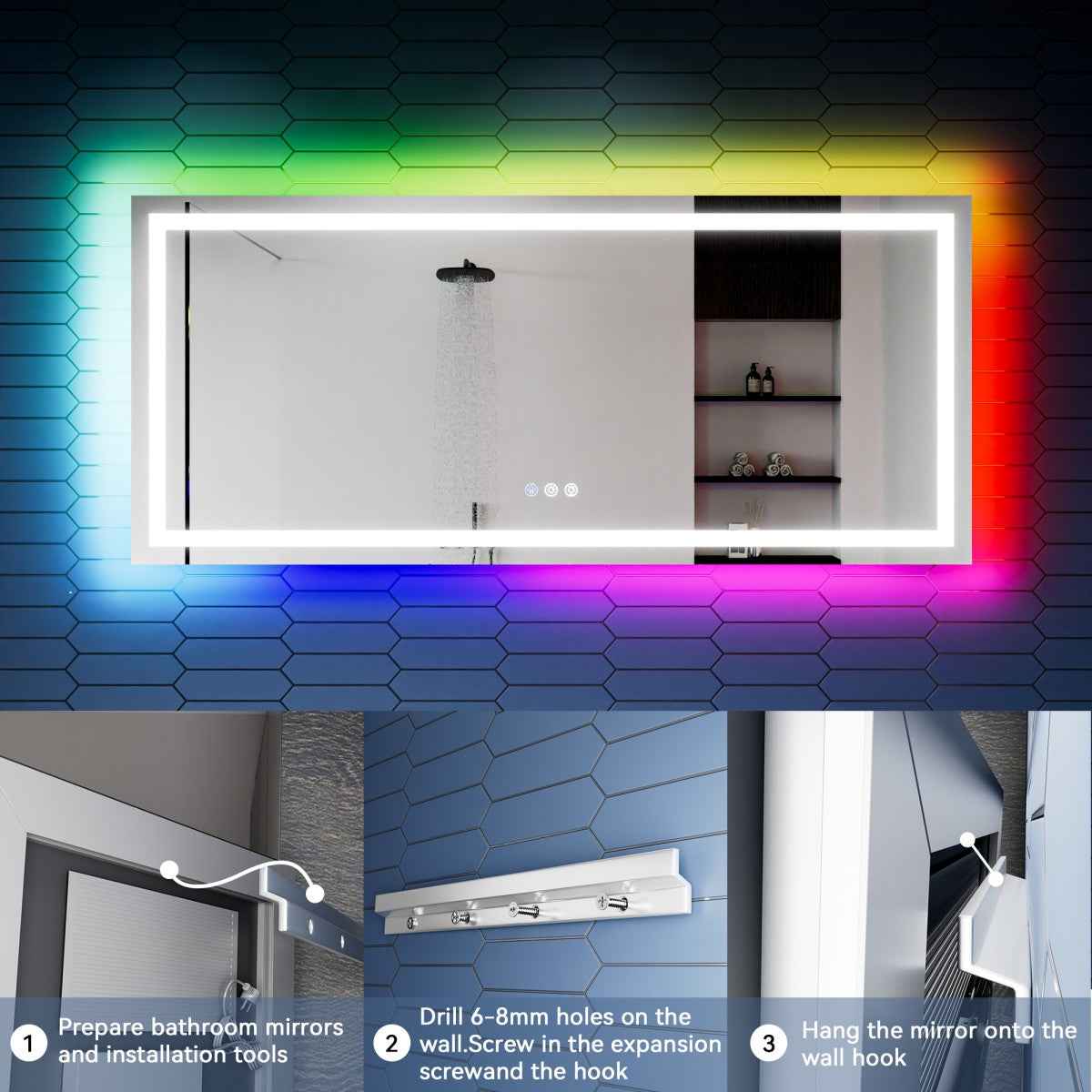 32"x 72" RGB Smart LED Bathroom Mirror–Color Changing Backlit Mirror with Anti-Fog & Dimmable Touch Control|Exbrite DYLUX