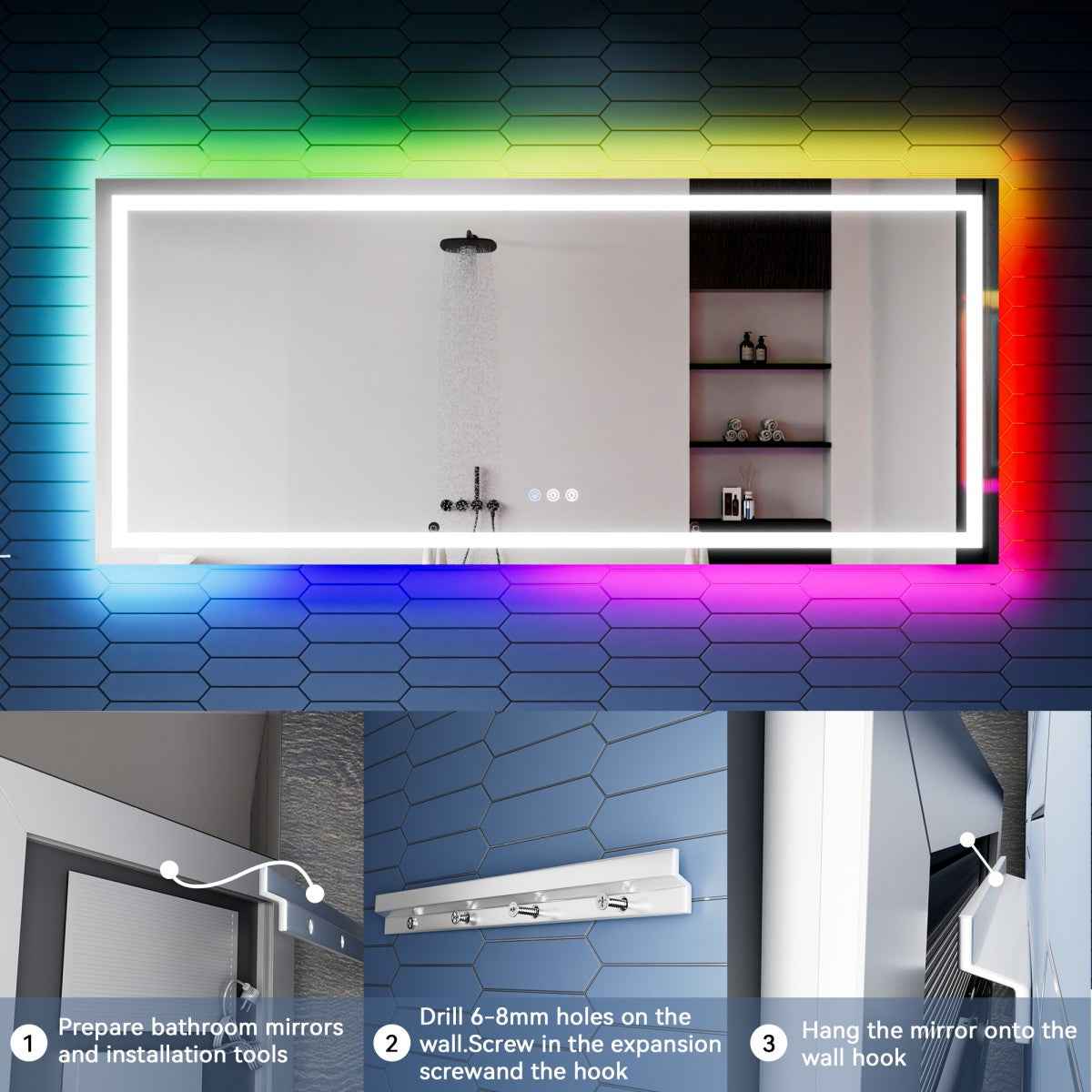 32"x 84" RGB Smart LED Bathroom Mirror–Color Changing Backlit Mirror with Anti-Fog & Dimmable Touch Control|Exbrite DYLUX