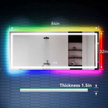 32"x 84" RGB Smart LED Bathroom Mirror–Color Changing Backlit Mirror with Anti-Fog & Dimmable Touch Control|Exbrite DYLUX