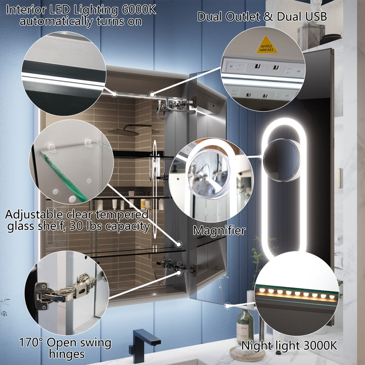 Illusion-B 24" x 36" LED Lighted Inset Mirrored Medicine Cabinet with Magnifiers Front and Back Light, Right Hinge