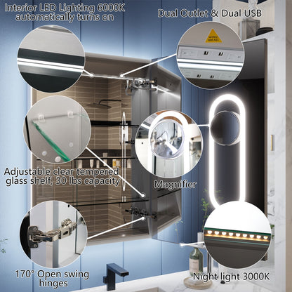 Illusion-B 24" x 36" LED Lighted Inset Mirrored Medicine Cabinet with Magnifiers Front and Back Light, Right Hinge