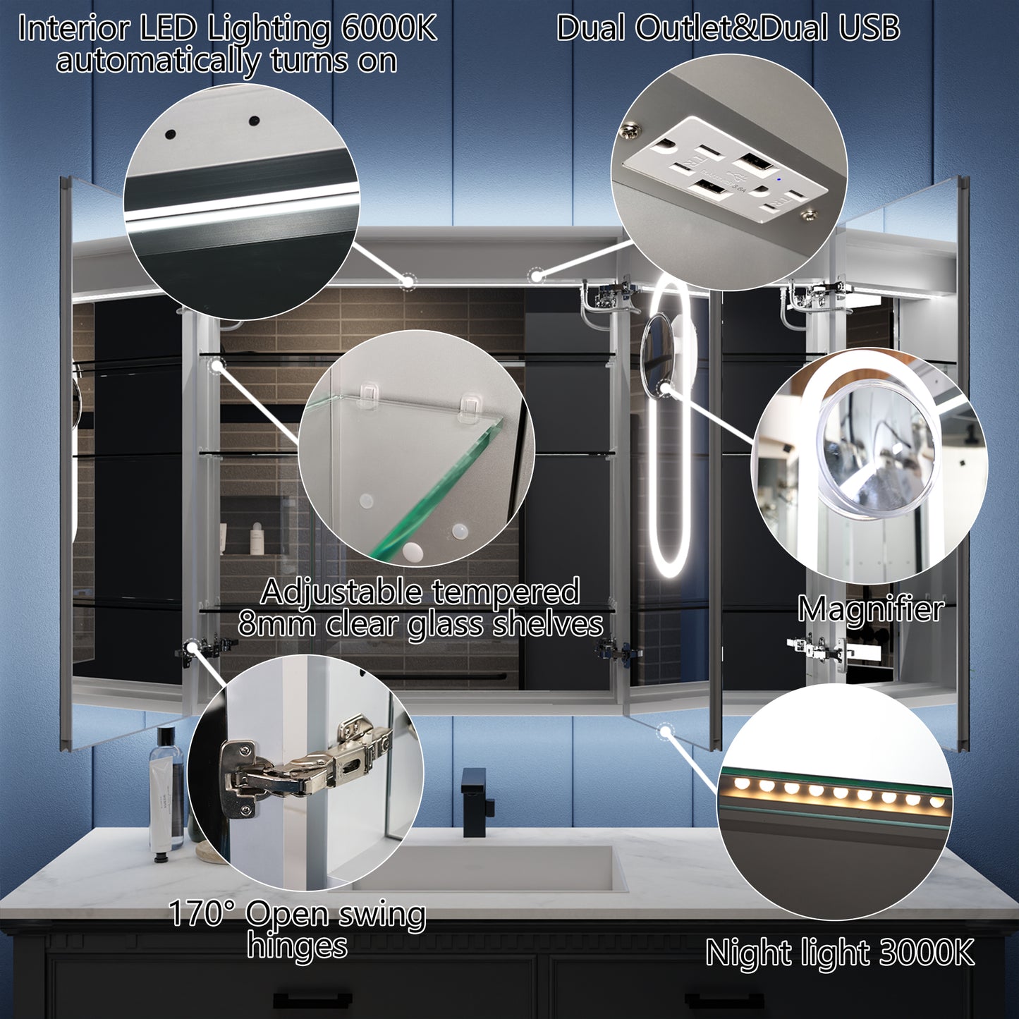 Illusion-B 54" x 36" LED Lighted Inset Mirrored Medicine Cabinet with Magnifiers Front and Back Light