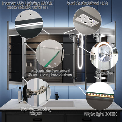 Illusion-B 54" x 36" LED Lighted Inset Mirrored Medicine Cabinet with Magnifiers Front and Back Light