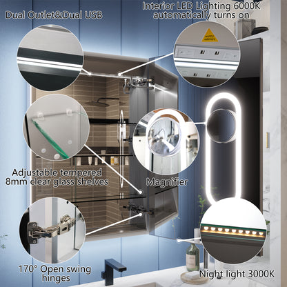 Illusion-B 24" x 36" LED Lighted Inset Mirrored Medicine Cabinet with Magnifiers Front and Back Light, Right Hinge