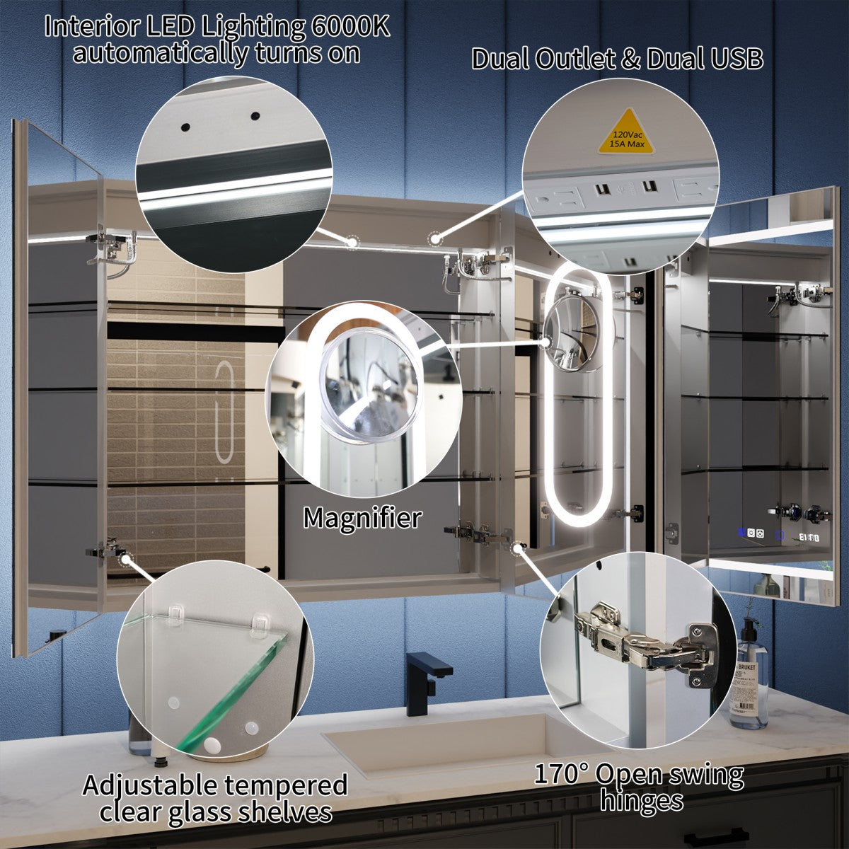 Illusion medicine cabinet with interior light, outlets, magnifier, hinges and glass shelves